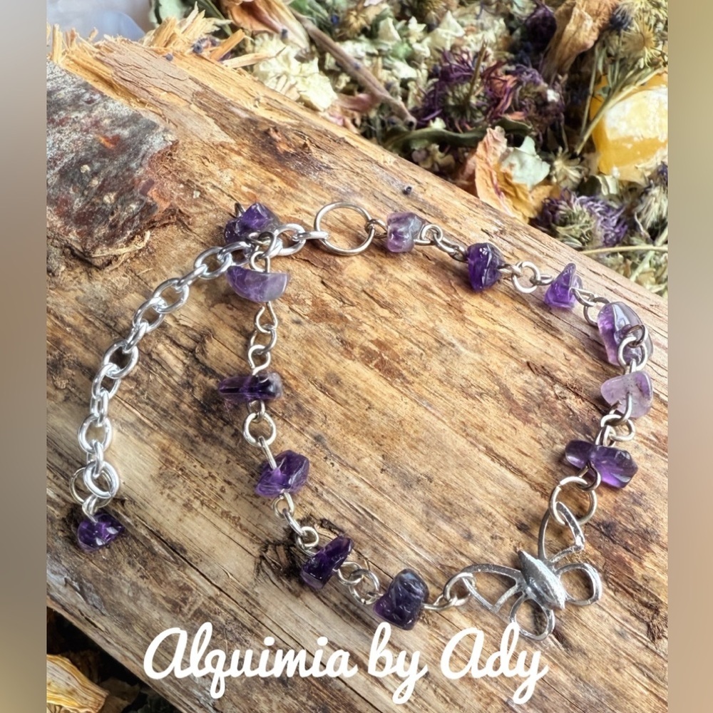 Amethyst dainty beaded bracelet butterfly charm